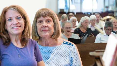 A photo shows Susan Dommer and Connie Young superimposed in front of the Forgetful Friends Choir
