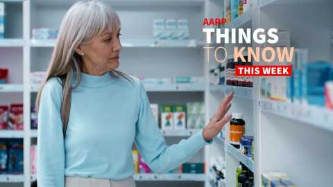 a photo shows an older adult woman perusing the shelves at a pharmacy