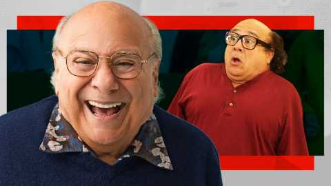 a portrait of danny devito beside an image of him emoting in a performance