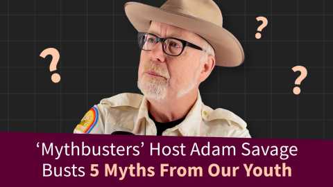 a photo and graphic illustration shows mythbusters host adam savage with questions marks circulating around his head