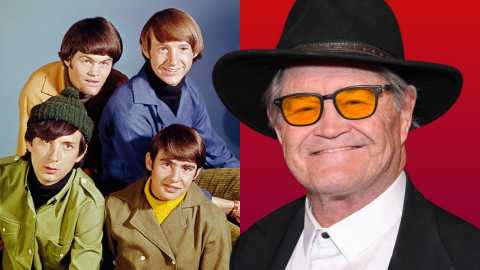 a collage with a group photo of the monkees alongside a current portrait of micky dolenz