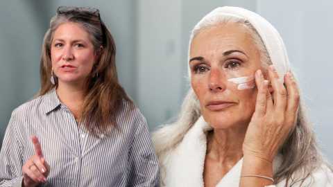 two women side by side, one applying cream to her face