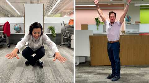 a woman squatting and a man standing