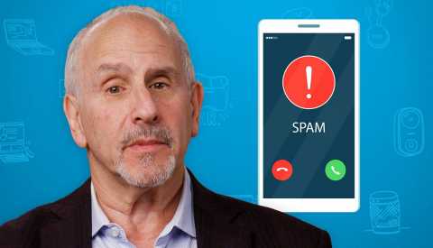 tech guru ed baig next to a smartphone with a spam alert on the screen