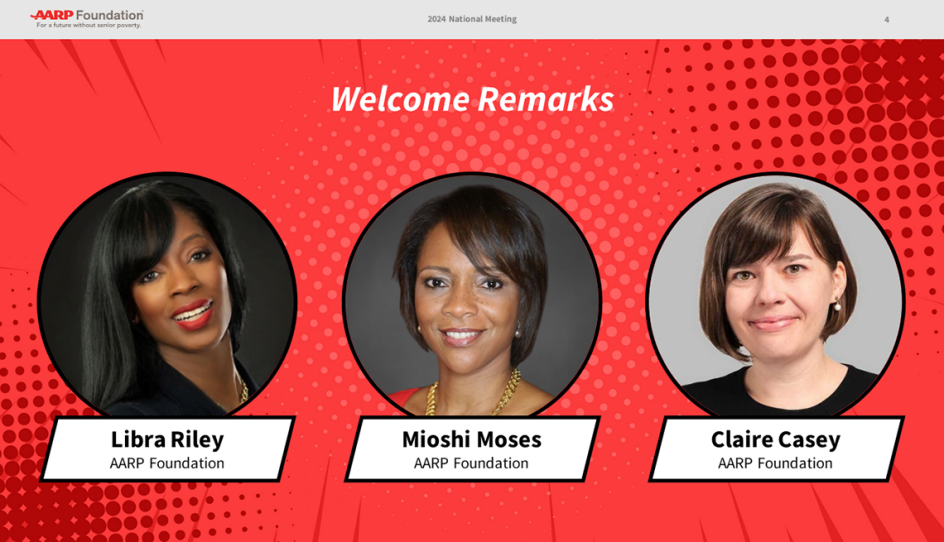 Photos of AARP Foundation leaders Libra Riley, Mioshi Moses and Claire Casey