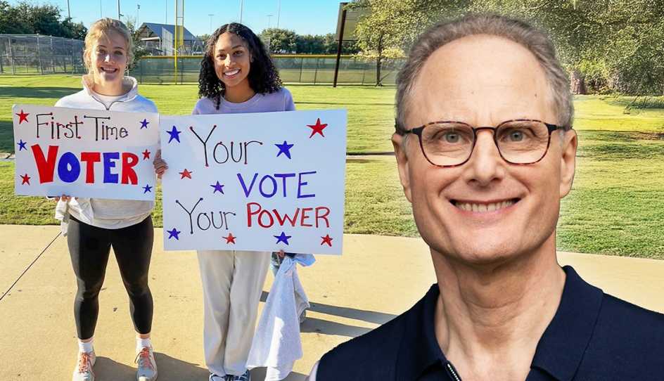 Robert Elkin with two people that are holding up signs about being a first time voter