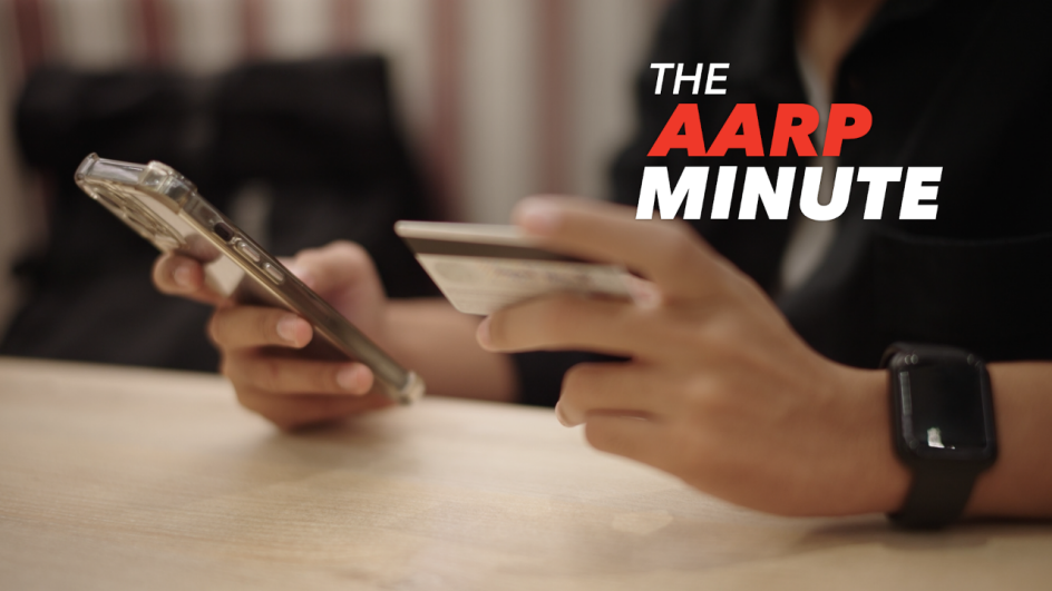 hands holding a mobile phone and a credit card with a a r p minute written on top of image