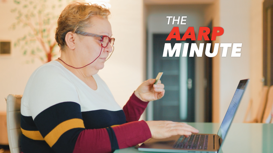 a woman using a laptop looking at a credit card. the a a r p minute