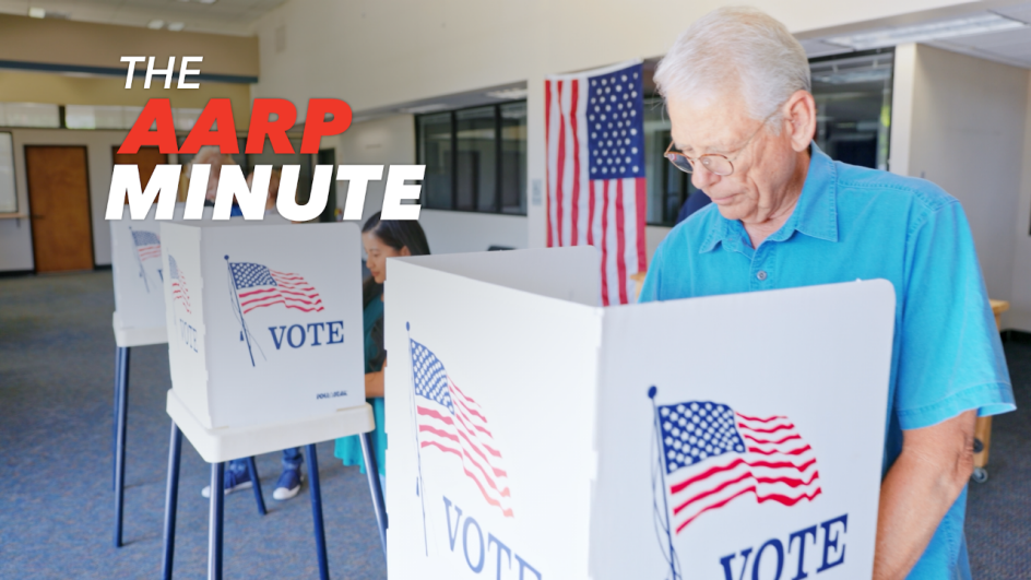 a man standing behind a voting booth. the A A R P minute