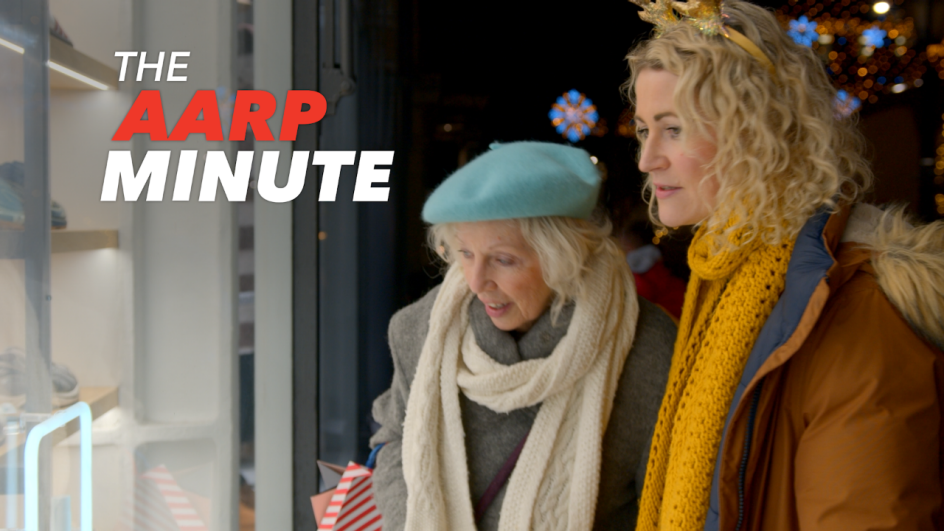 two woman looking in a shop window. the a a r p minute