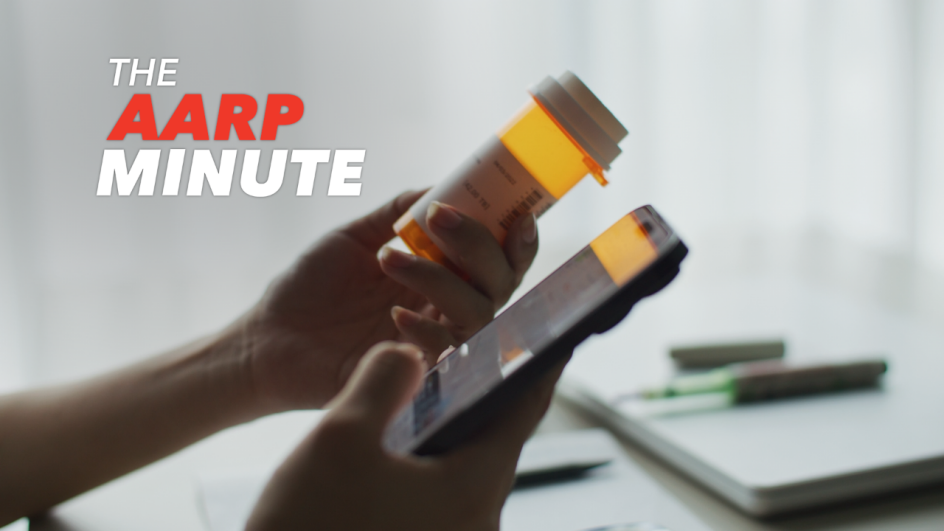 hands holding a smart phone and a prescription bottle