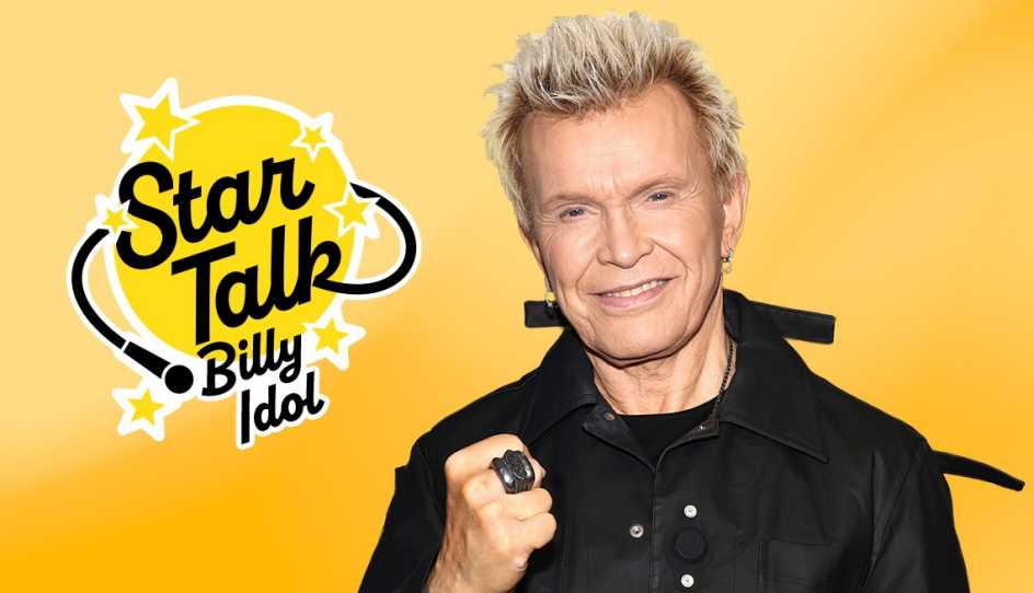 billy idol on a yellow background with star talk billy idol written in text