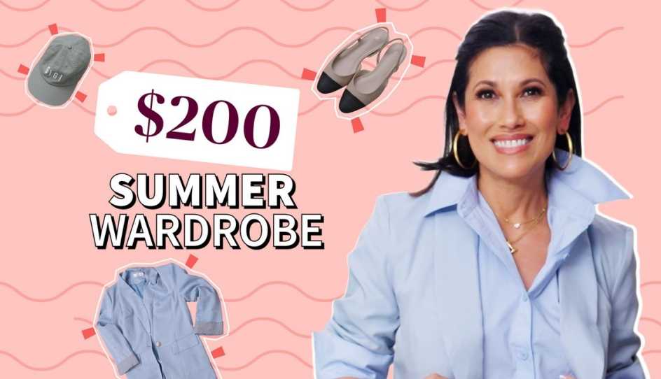 woman smiling while wearing a button up blouse and blazer on a pink background with a floating hat, shoes and jacket