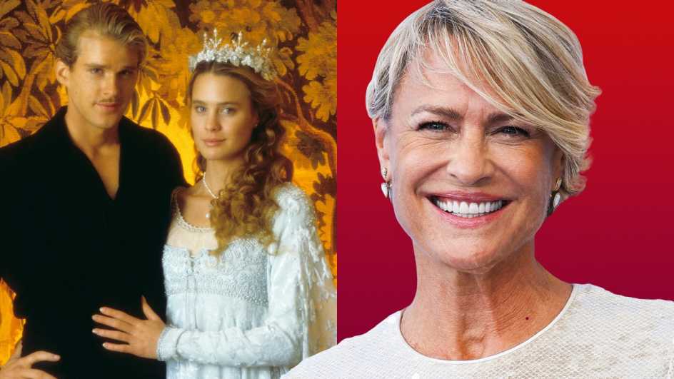 a collage showing robin wright in the princess bride beside a recent photo of her