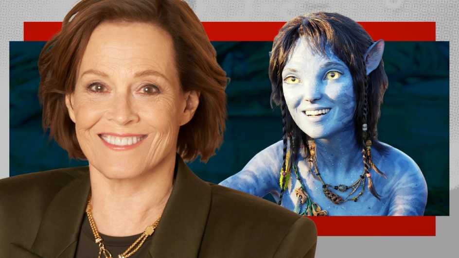 sigourney weaver with an image of her character from avatar