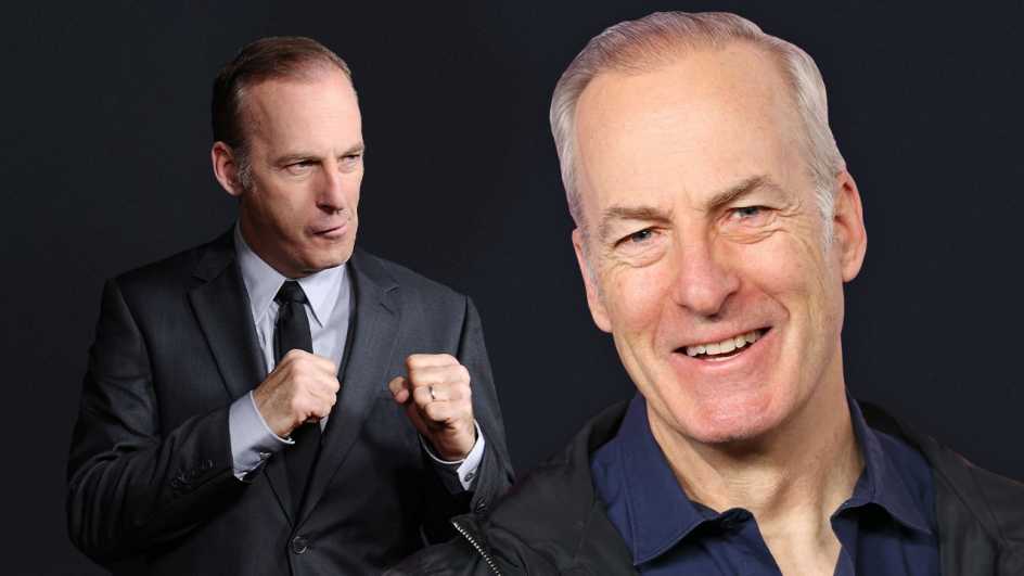 a collage with a portrait of bob odenkirk smiling alongside another photo of him holding up his fists