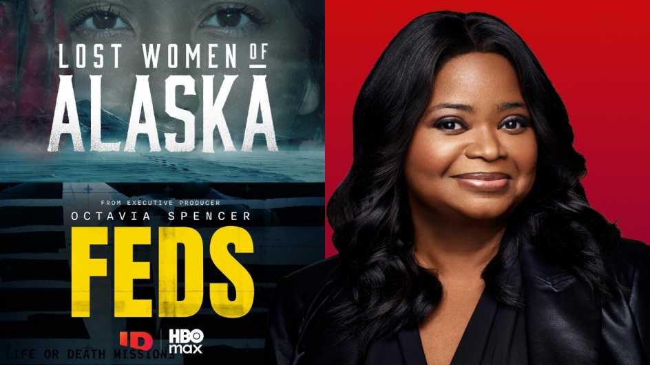 octavia spencer alongside promotional posters for her two true crime television series