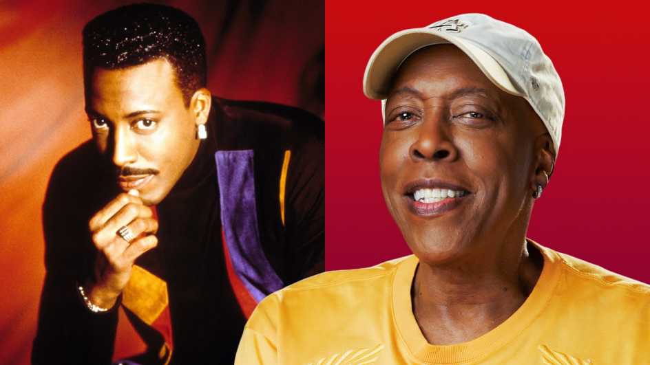 a collage with arsenio hall beside a portrait of himself from his television hosting days