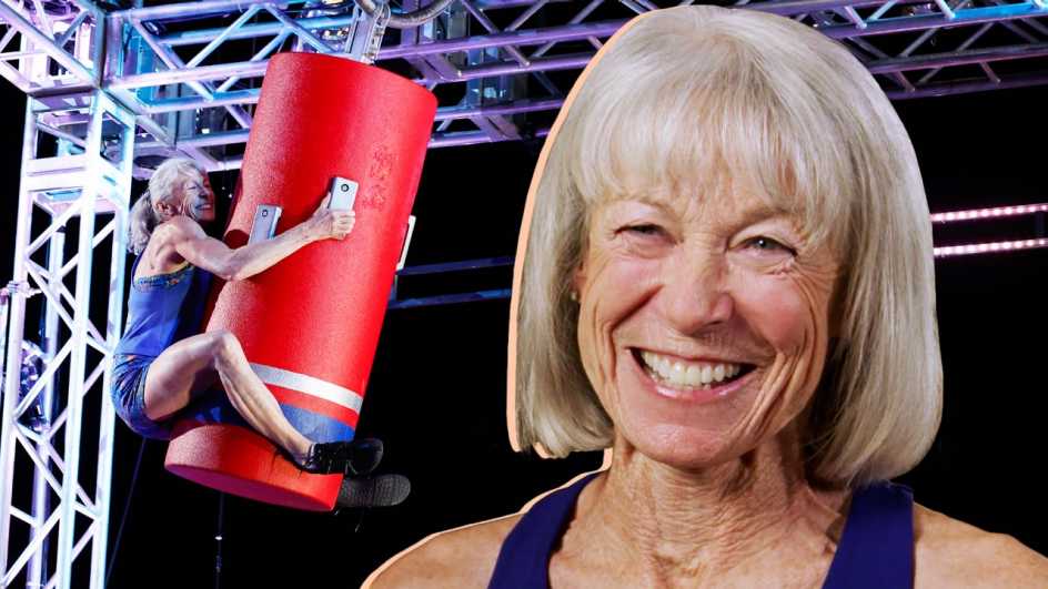 a photo shows Ginny MacColl competing on America Ninja Warrior with a close-up image of her smiling in the foreground