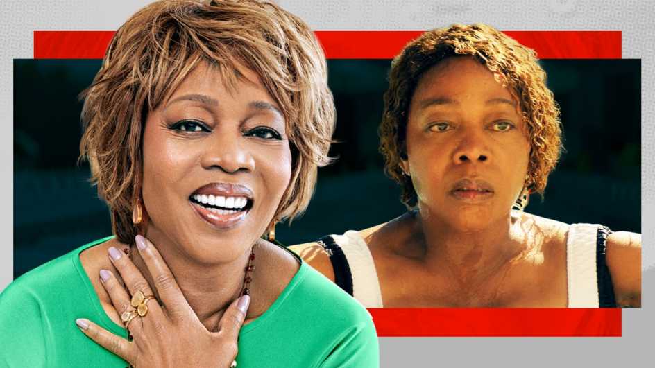 a collage with a portrait of alfre woodard alongside a still image from one of her movie roles