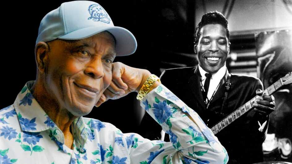 a recent portrait of buddy guy alongside a vintage black and white photo of him performing