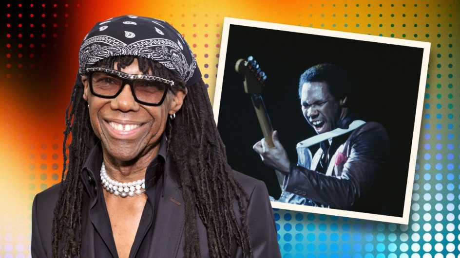 a collage with a recent photo of nile rodgers alongside a vintage photo of him performing