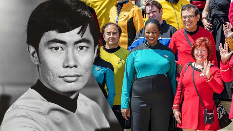 george takei as sulu in a vintage photo, alongside a recent photo of a group of star trek fans