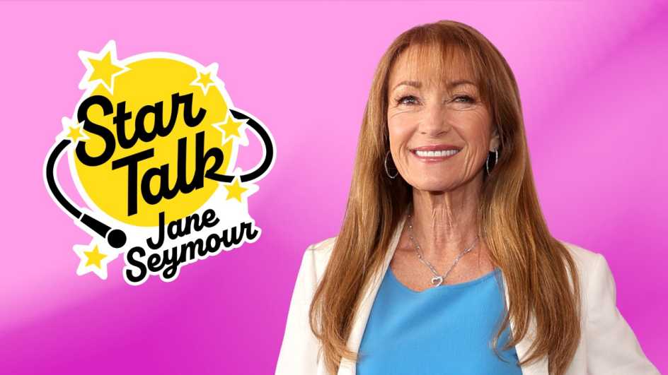 a portrait of jane seymour alongside the a a r p star talk logo