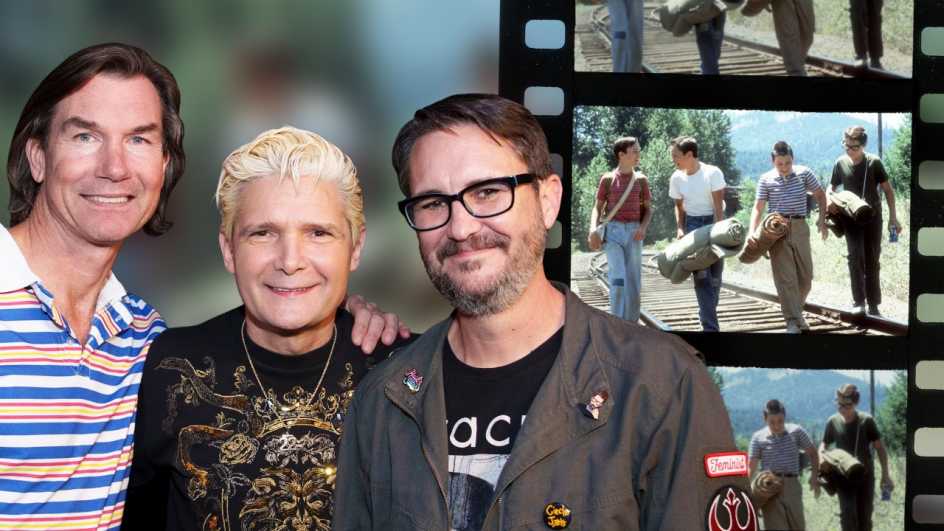 will wheaton, jerry o connell and corey feldman posing together in front of an enlarged film strip with images from stand by me