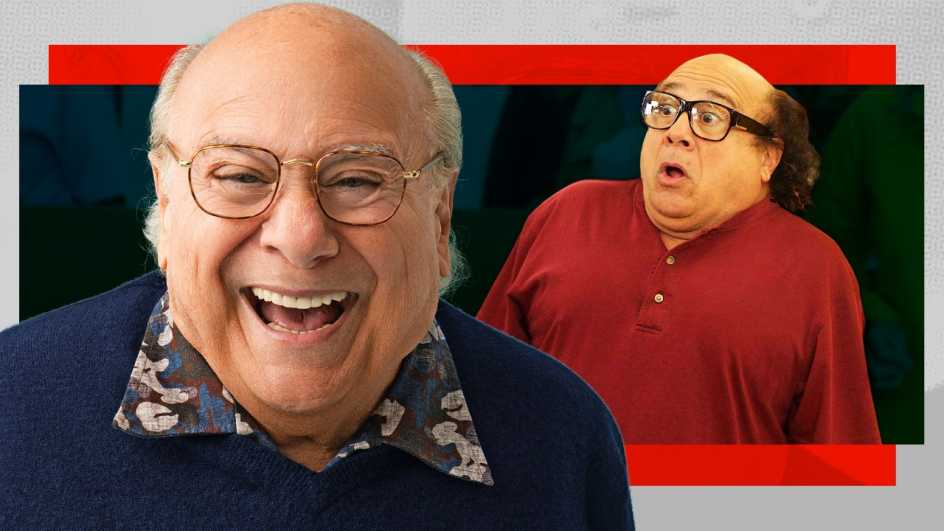 a portrait of danny devito beside an image of him emoting in a performance