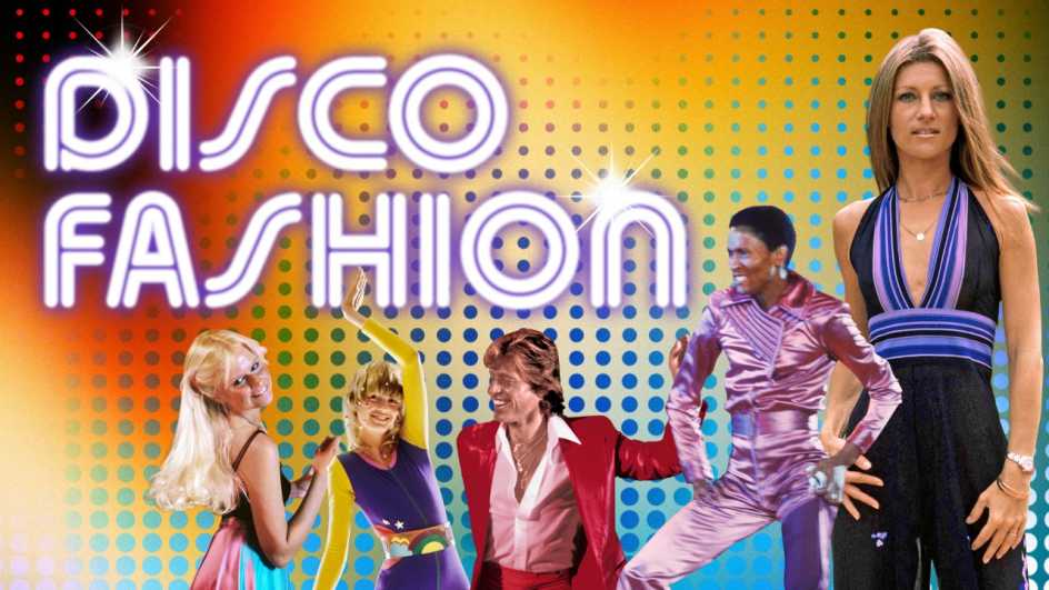 a collage showing people wearing disco fashion
