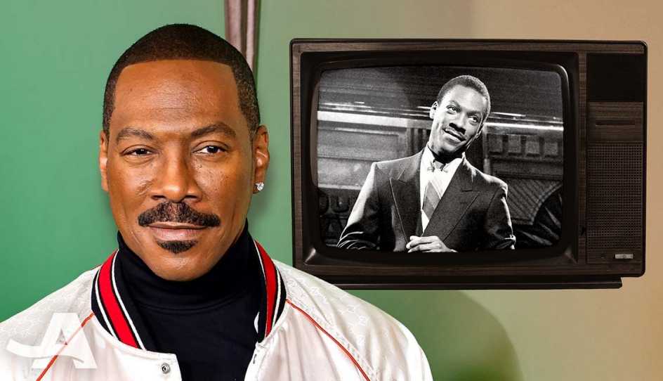 eddie murphy next to a tv screen showing eddie murphy