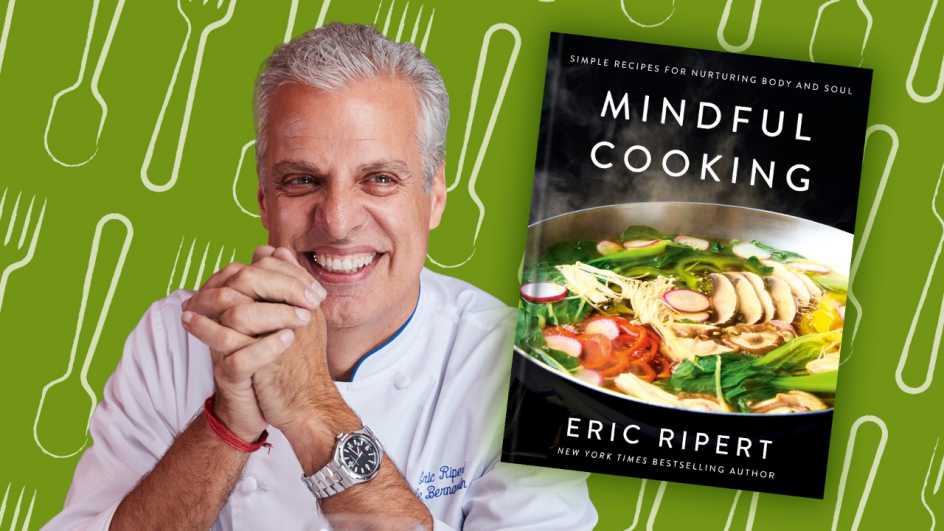 Eric Ripert in front of a food-themed background with his new cookbook