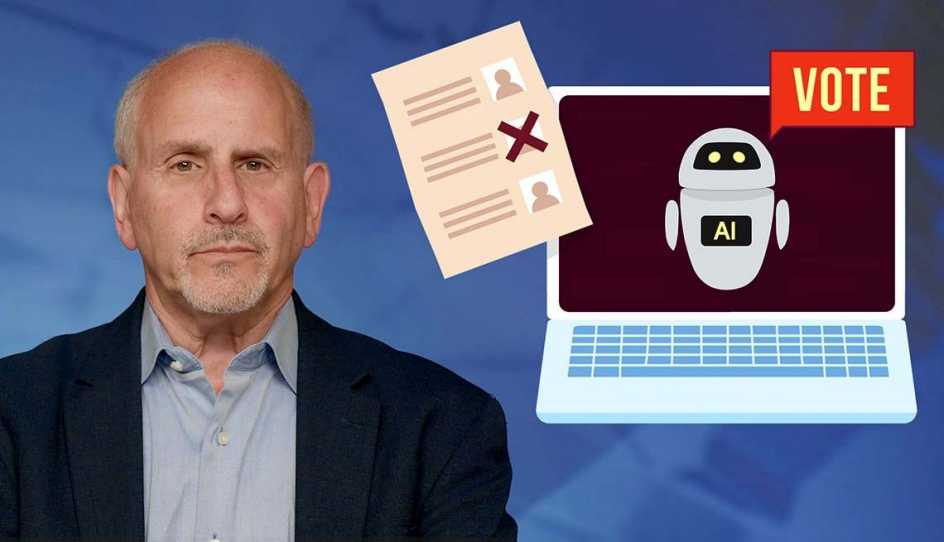 writer ed baig next to a laptop showing a robot with ai written on its torso