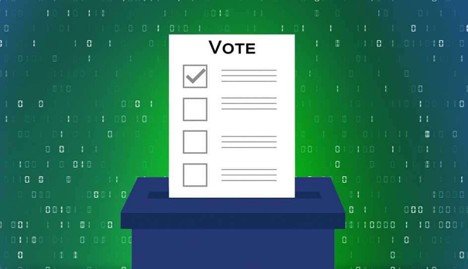 a paper with vote on it and a box checked going into a blue box