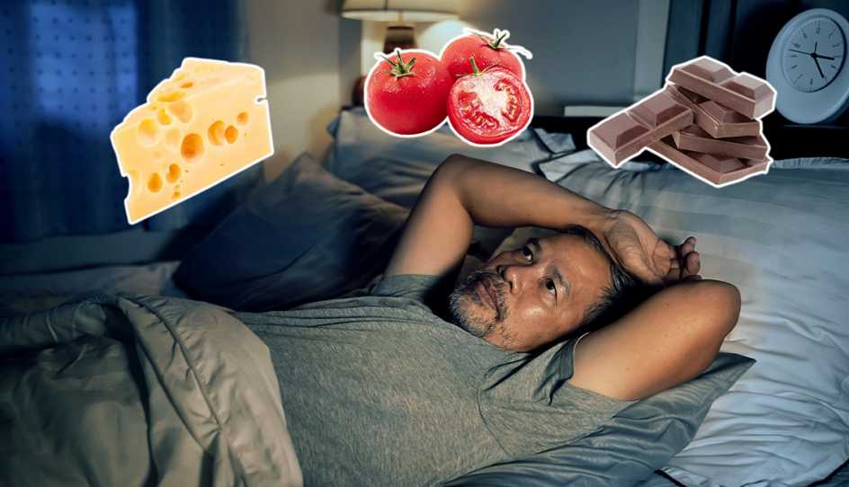 a man sleeping with food floating over his head