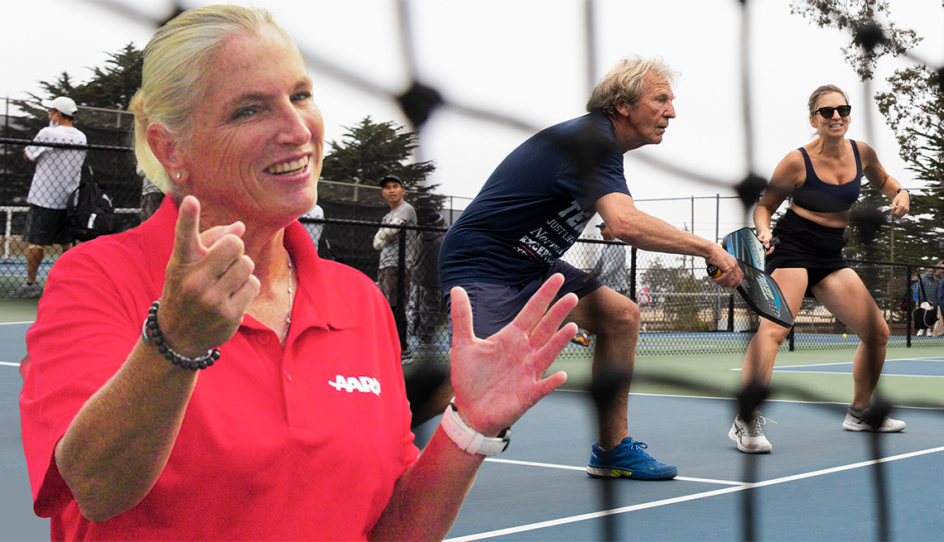 woman overlayed over image of pickleball court