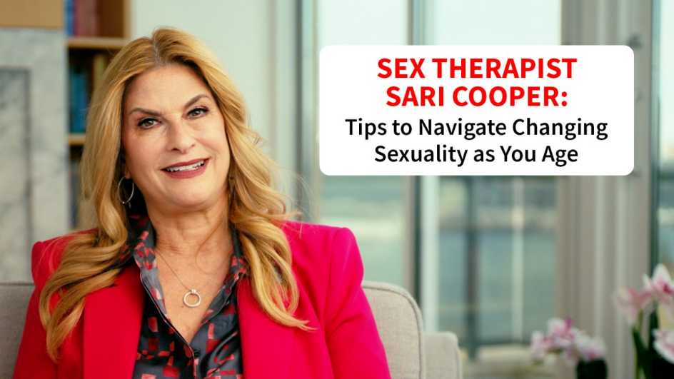 Sex therapist Sari Cooper is shown in a still from the video with a title card superimposed in the upper right hand corner