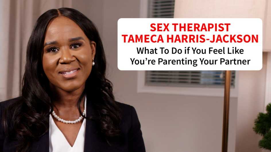 a still from the video shows sex therapist Tameca Harris-Jackson