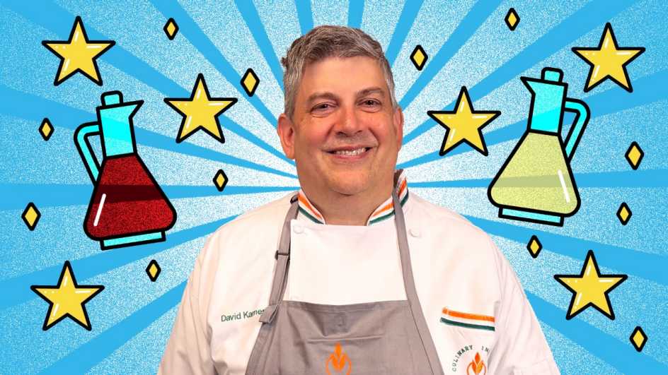 Chef David Kamen is shown in a photo with a blue background with images of stars and lab beakers all around him