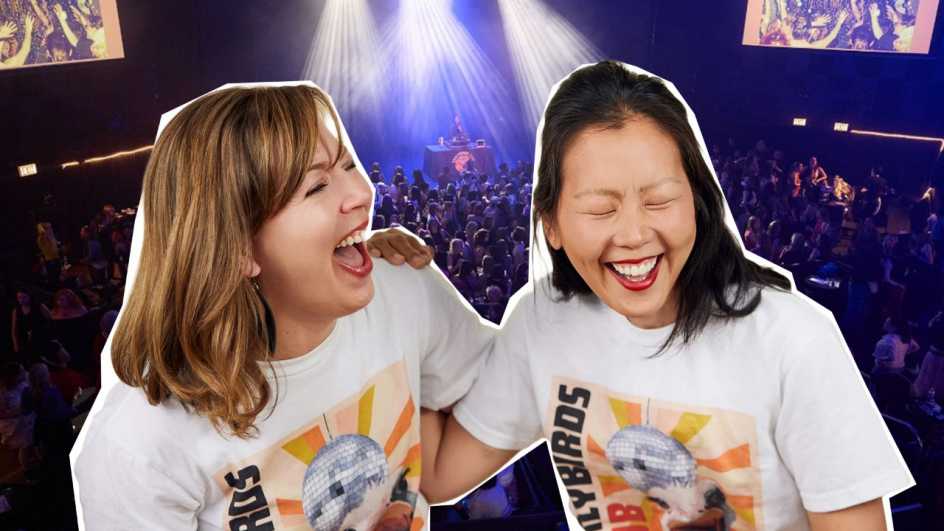 a photo collage shows friends Laura Baginski and Susie Lee  superimposed over an Earlybirds Club dance night photo.