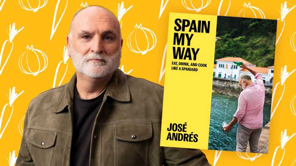 a photo shows José Andrés in front of a food-themed backdrop with an image of his Spain My Way cookbook inset to the right
