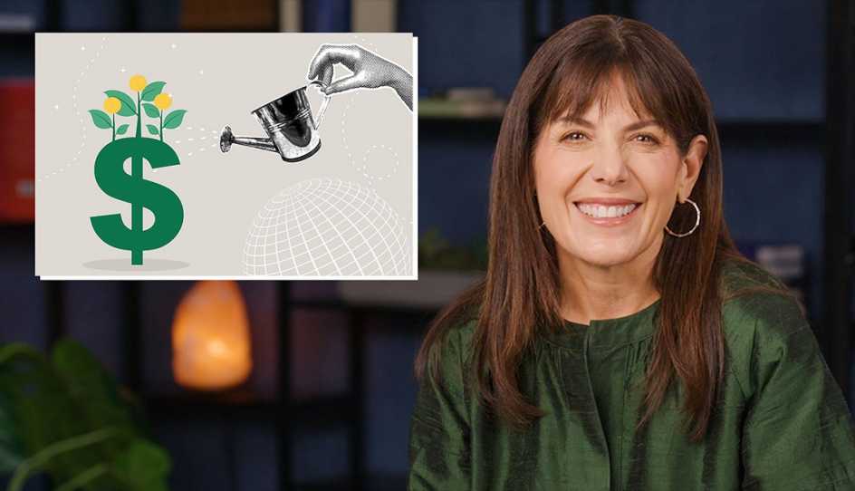 Jean Chatzky smiles next to a box showing a hand watering a plant in the shape of a dollar sign
