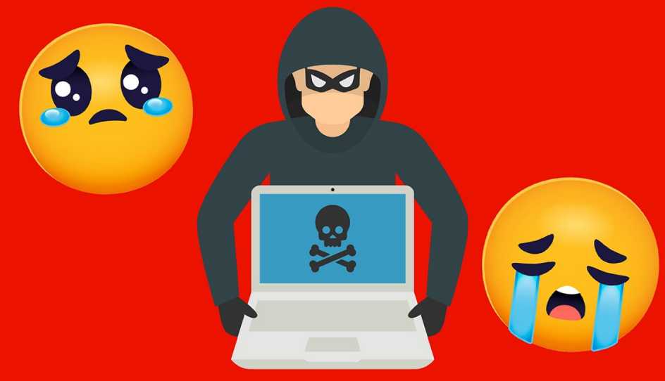 a criminal with a laptop and crying emojis next to it on a red background