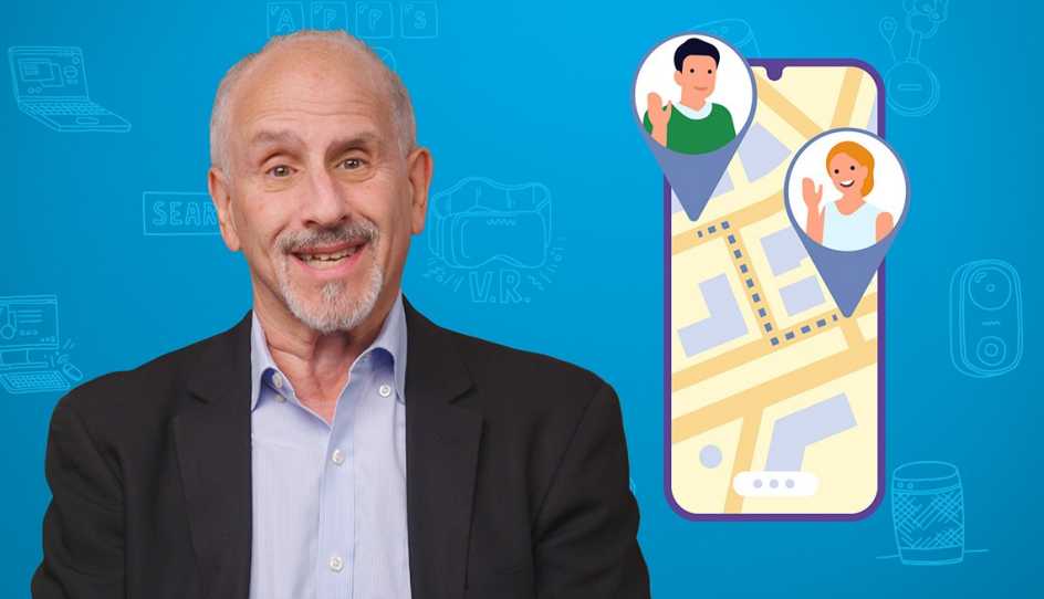 a a r p technology writer ed baig next to a smartphone displaying two people waving in location bubbles 