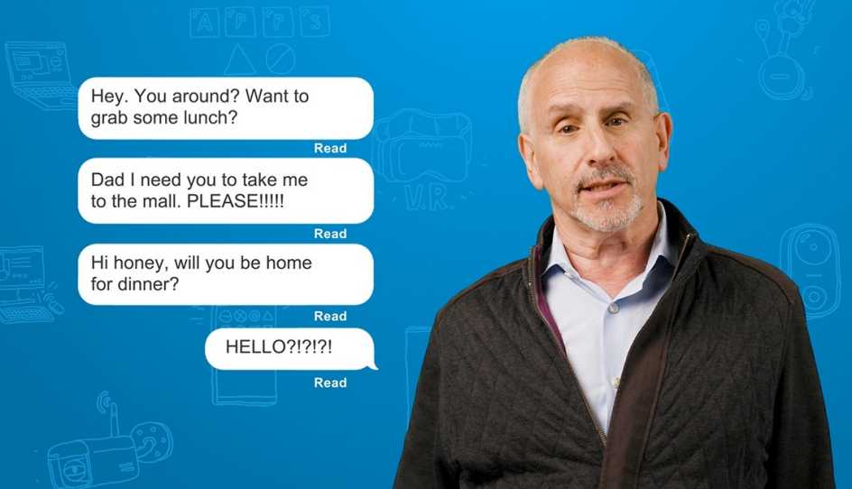 Columnist Ed Baig standing in front of a blue background next to text message bubbles