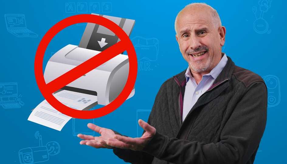 tech guru ed baig standing in front of a blue background next to a printer icon covered by a prohibition sign
