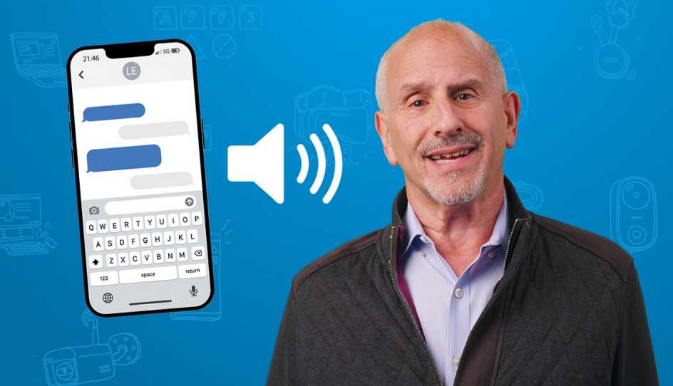 tech guru ed baig standing in front of a blue background next to an iphone and a speaker icon