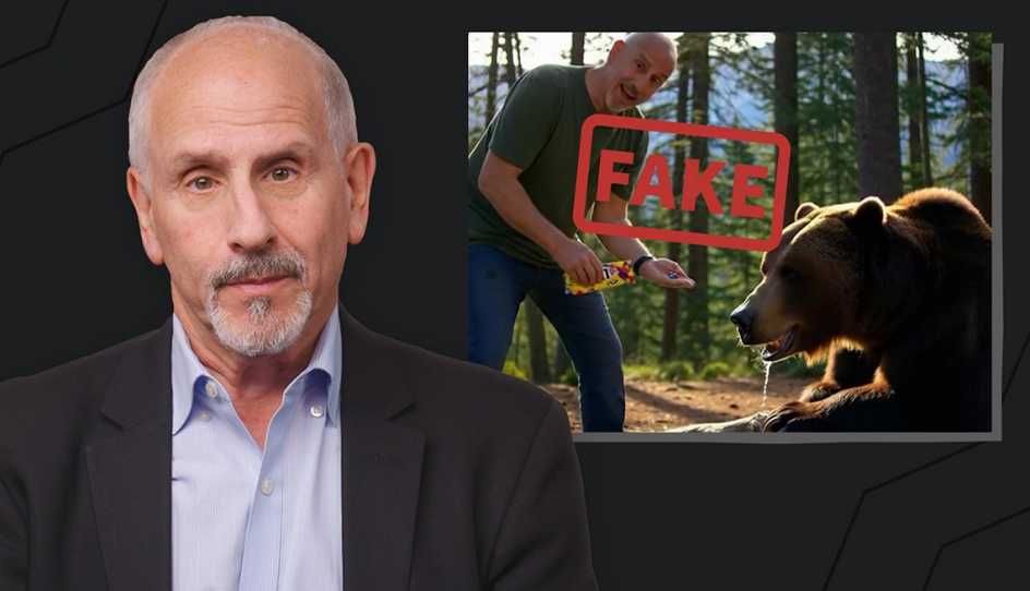 tech guru ed baig with an image of a man next to a bear and the words fake overlaid on the image