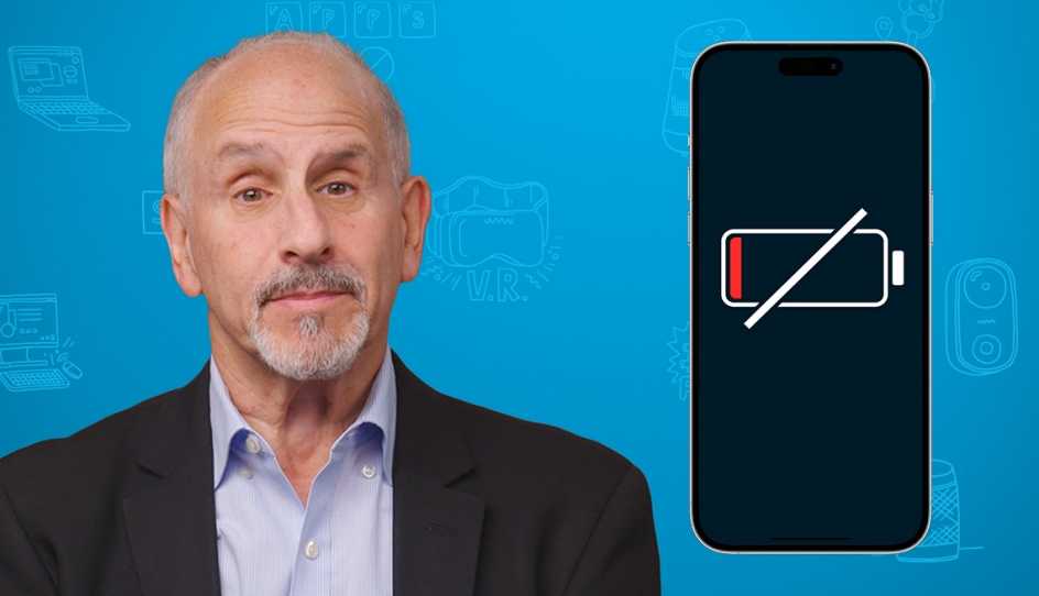 tech guru ed baig standing in front of a blue background next to a smartphone with a dead battery
